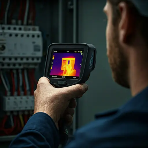 Electrician using thermal imaging camera for safety inspection