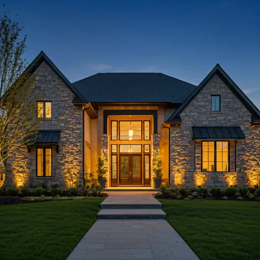 Exterior architectural lighting at dusk